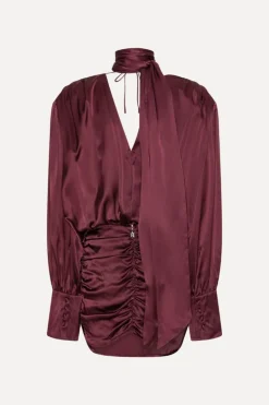Ls Silk V-neck Dress Burgundy