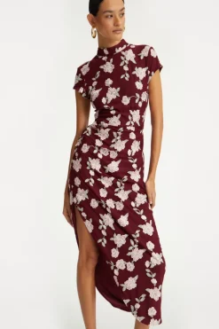 Mesh Asymmetric Dress Bordeaux Flower Print