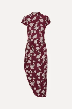 Mesh Asymmetric Dress Bordeaux Flower Print