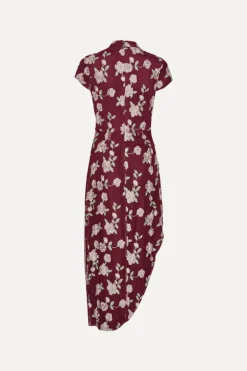 Mesh Asymmetric Dress Bordeaux Flower Print