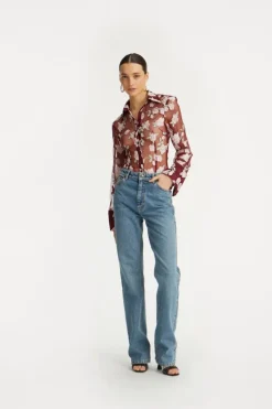 Mesh Fitted Shirt Bordeaux Flower Print