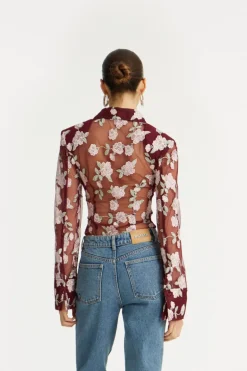 Mesh Fitted Shirt Bordeaux Flower Print