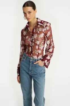 Mesh Fitted Shirt Bordeaux Flower Print