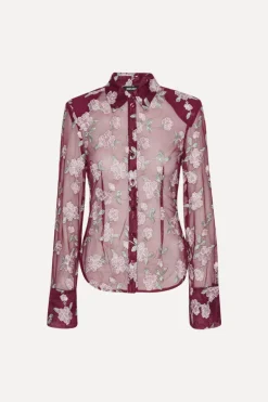Mesh Fitted Shirt Bordeaux Flower Print