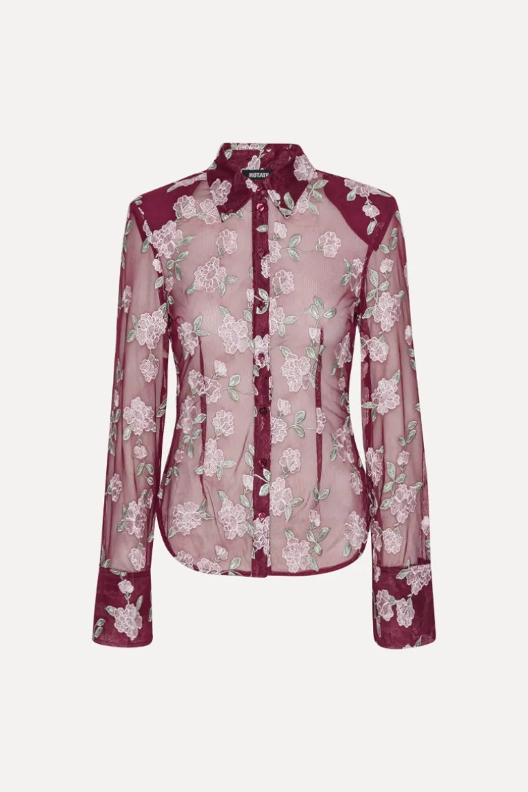 Mesh Fitted Shirt Bordeaux Flower Print