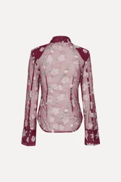 Mesh Fitted Shirt Bordeaux Flower Print