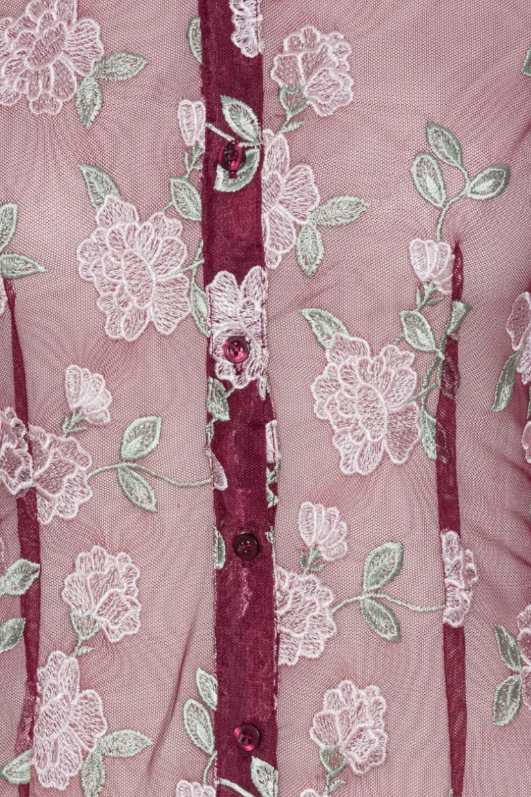 Mesh Fitted Shirt Bordeaux Flower Print