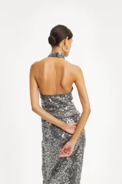 Net Sequin Halterneck Dark Grey