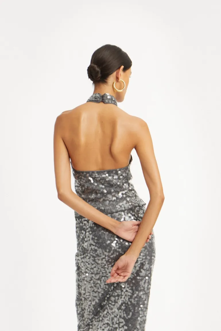 Net Sequin Halterneck Dark Grey