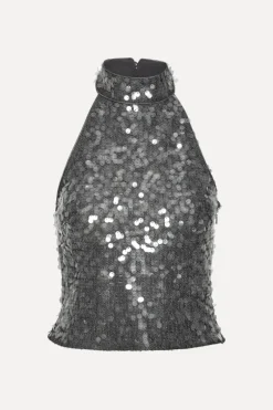 Net Sequin Halterneck Dark Grey