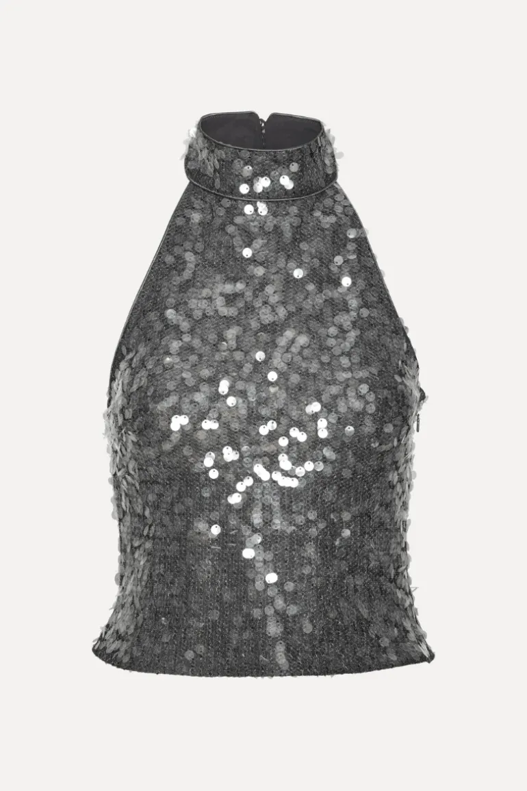 Net Sequin Halterneck Dark Grey