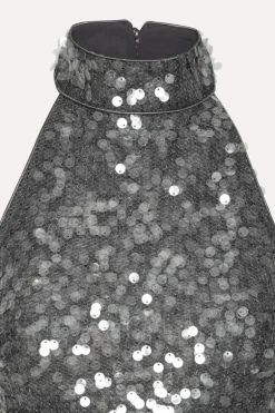 Net Sequin Halterneck Dark Grey
