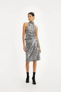 Net Sequin Midi Skirt Dark Grey