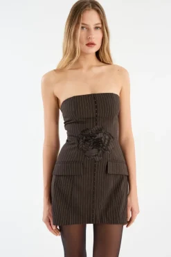 Pinstripe Belted Long Top Dark Brown