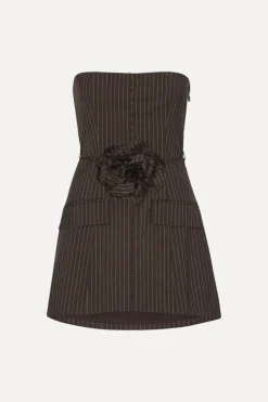 Pinstripe Belted Long Top Dark Brown
