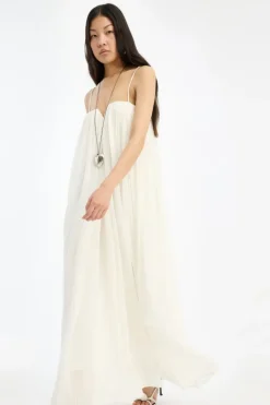 Pleated Midi Strap Dress White