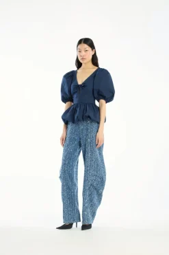 Puff Sleeve Bubble Top Dark Blue