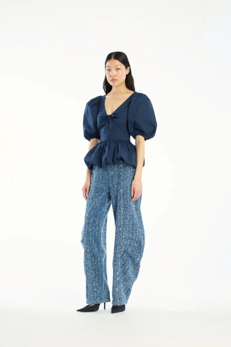 Puff Sleeve Bubble Top Dark Blue