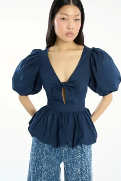 Puff Sleeve Bubble Top Dark Blue