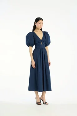 Puff Sleeve Midi Dress Dark Blue