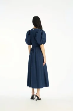 Puff Sleeve Midi Dress Dark Blue