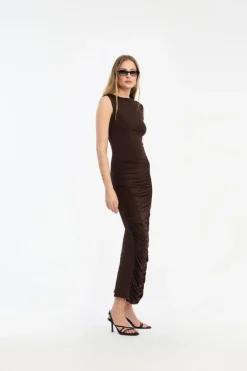 Ruched Midi Dress Dark Brown