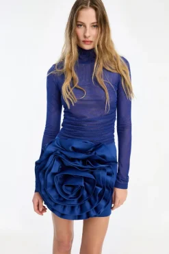 Satin Big Flower Skirt Dark Blue