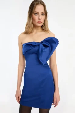 Satin Bow Mini Dress Dark Blue