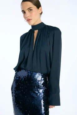 Satin Bow Shirt Dark Blue