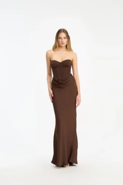 Satin Corset Maxi Dress Dark Brown