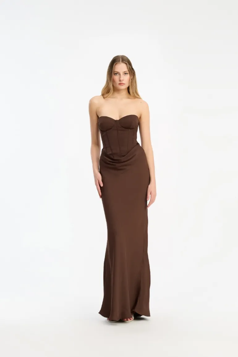Satin Corset Maxi Dress Dark Brown