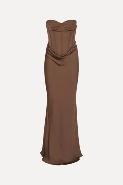 Satin Corset Maxi Dress Dark Brown