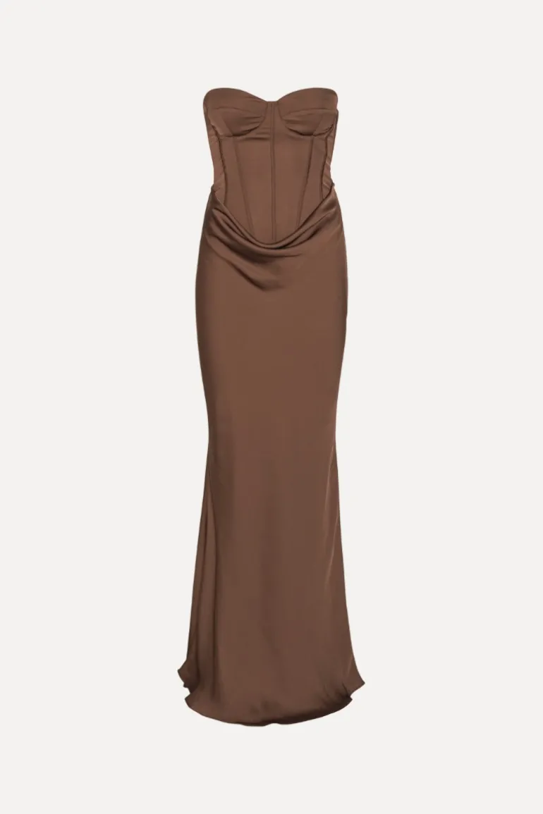 Satin Corset Maxi Dress Dark Brown