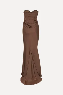 Satin Corset Maxi Dress Dark Brown