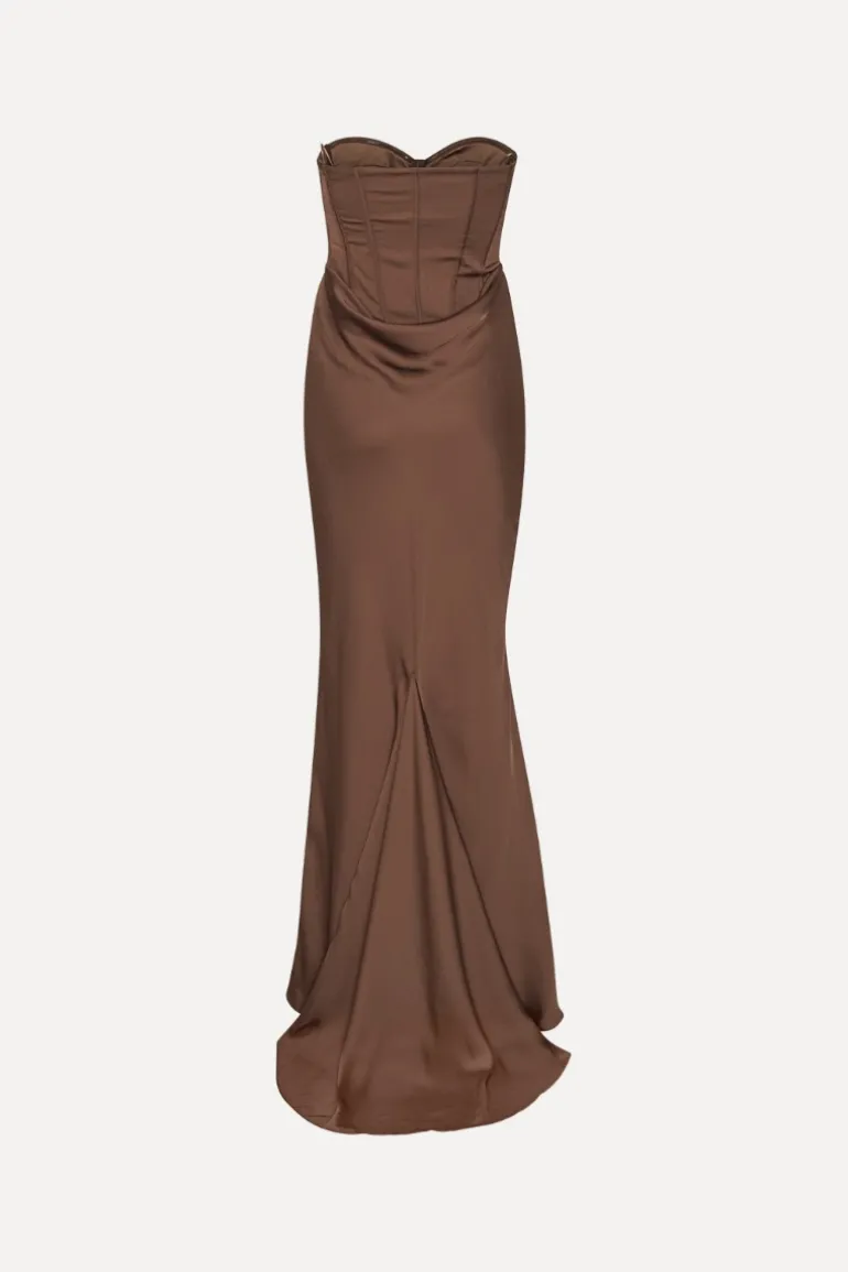 Satin Corset Maxi Dress Dark Brown