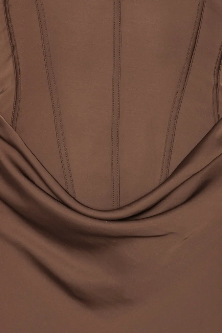 Satin Corset Maxi Dress Dark Brown