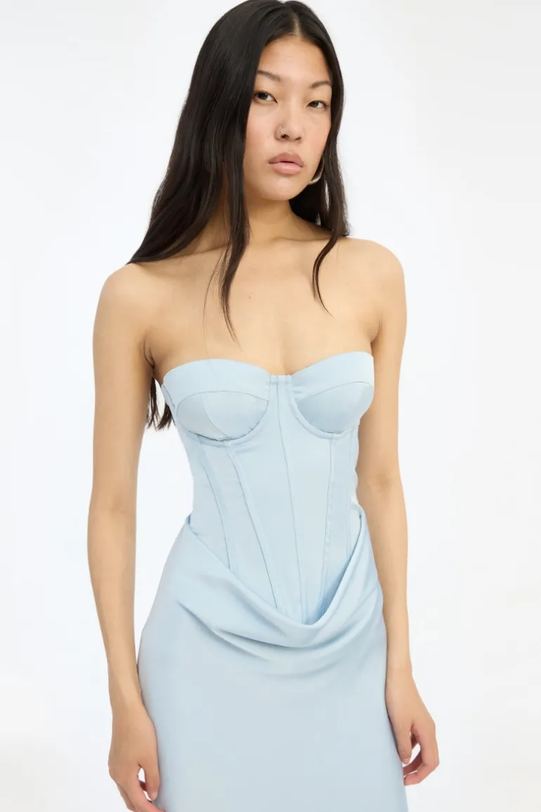 Satin Corset Maxi Dress Light Blue