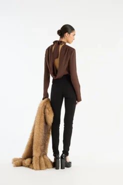 Satin Drapy Back Top Dark Brown