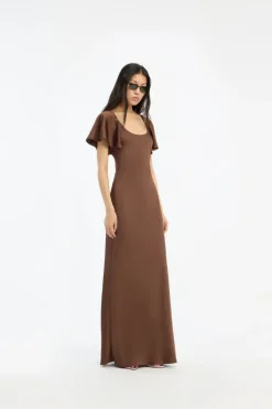 Satin Flowy Sleeve Dress Dark Brown