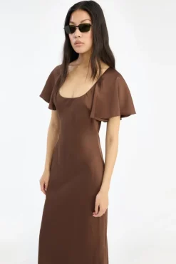 Satin Flowy Sleeve Dress Dark Brown
