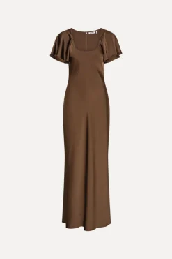 Satin Flowy Sleeve Dress Dark Brown