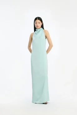 Satin Halterneck Dress Dusty Blue