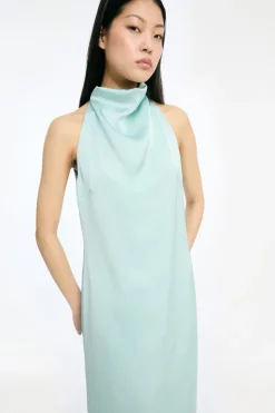 Satin Halterneck Dress Dusty Blue