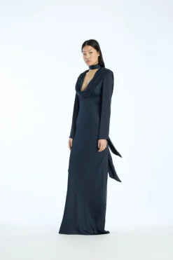 Satin Maxi Drapy Dress Dark Blue