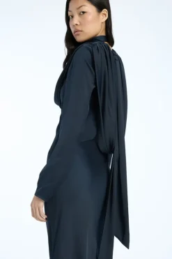 Satin Maxi Drapy Dress Dark Blue