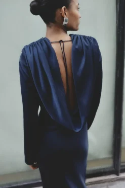 Satin Maxi Drapy Dress Dark Blue