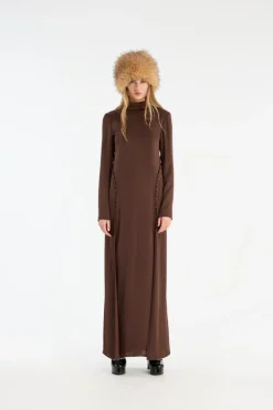 Satin Maxi Ls Dress Dark Brown
