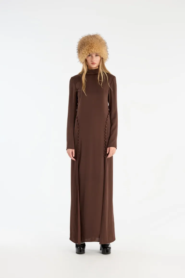 Satin Maxi Ls Dress Dark Brown