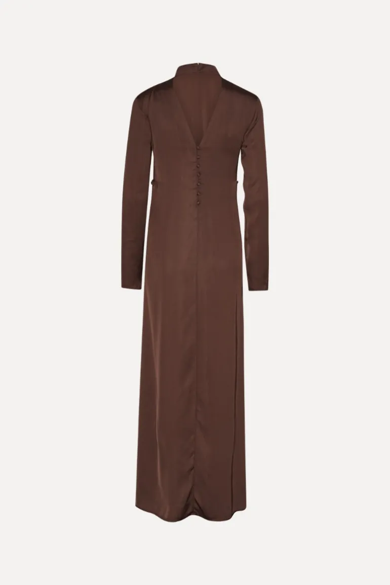 Satin Maxi Ls Dress Dark Brown