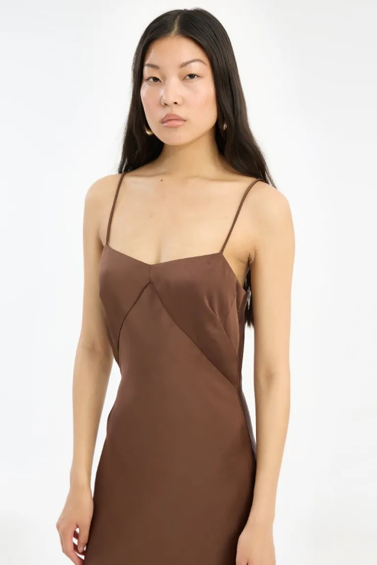 Satin Maxi Slip Dress Dark Brown